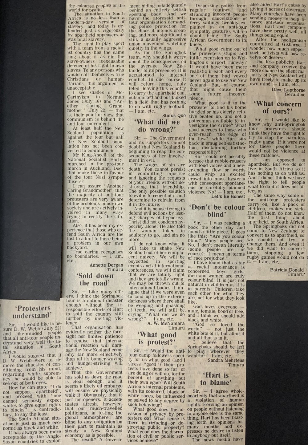 Letters to the editor: Springbok Tour Timaru