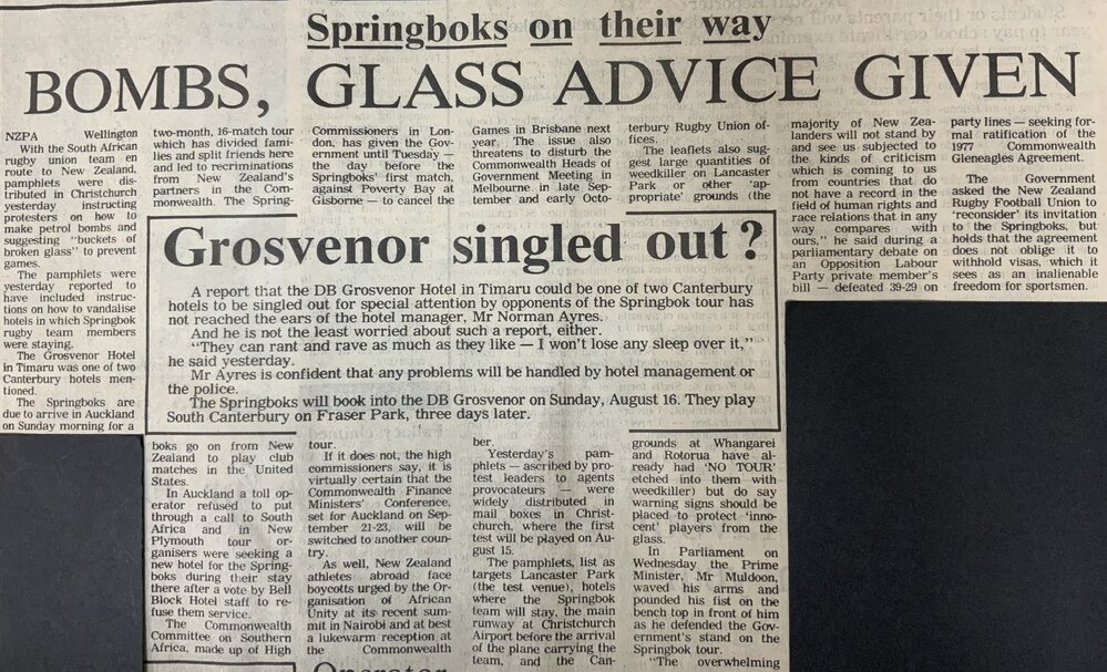 Springboks on their way: Bombs, glass advice given / Grosvenor singled out?