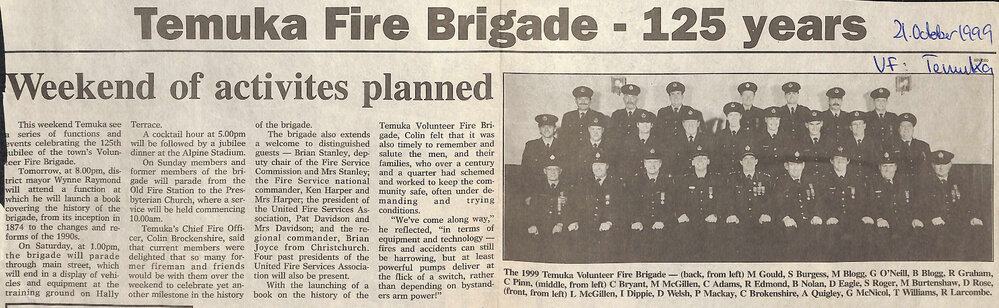 Temuka Fire Brigade - 125 Years, Weekend of activities planned