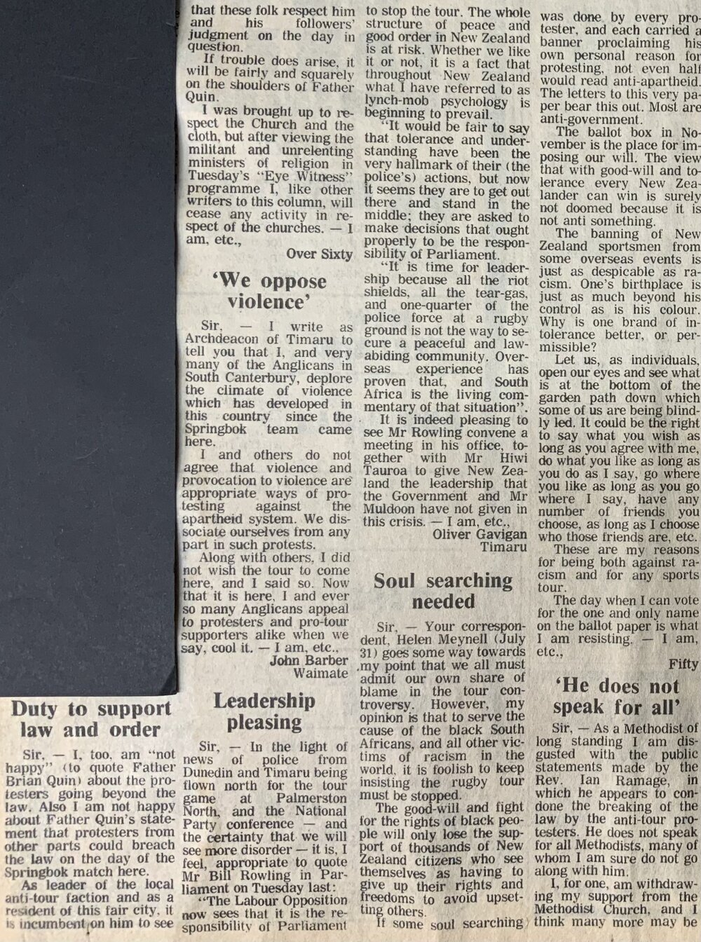 Letters to the editor: Springbok Tour Timaru