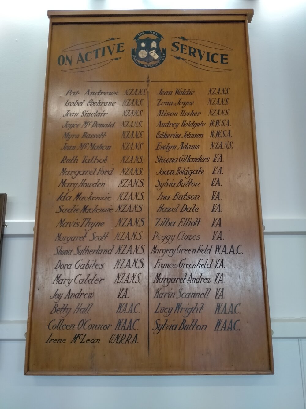 Timaru Girls' High School On Active Service honours board