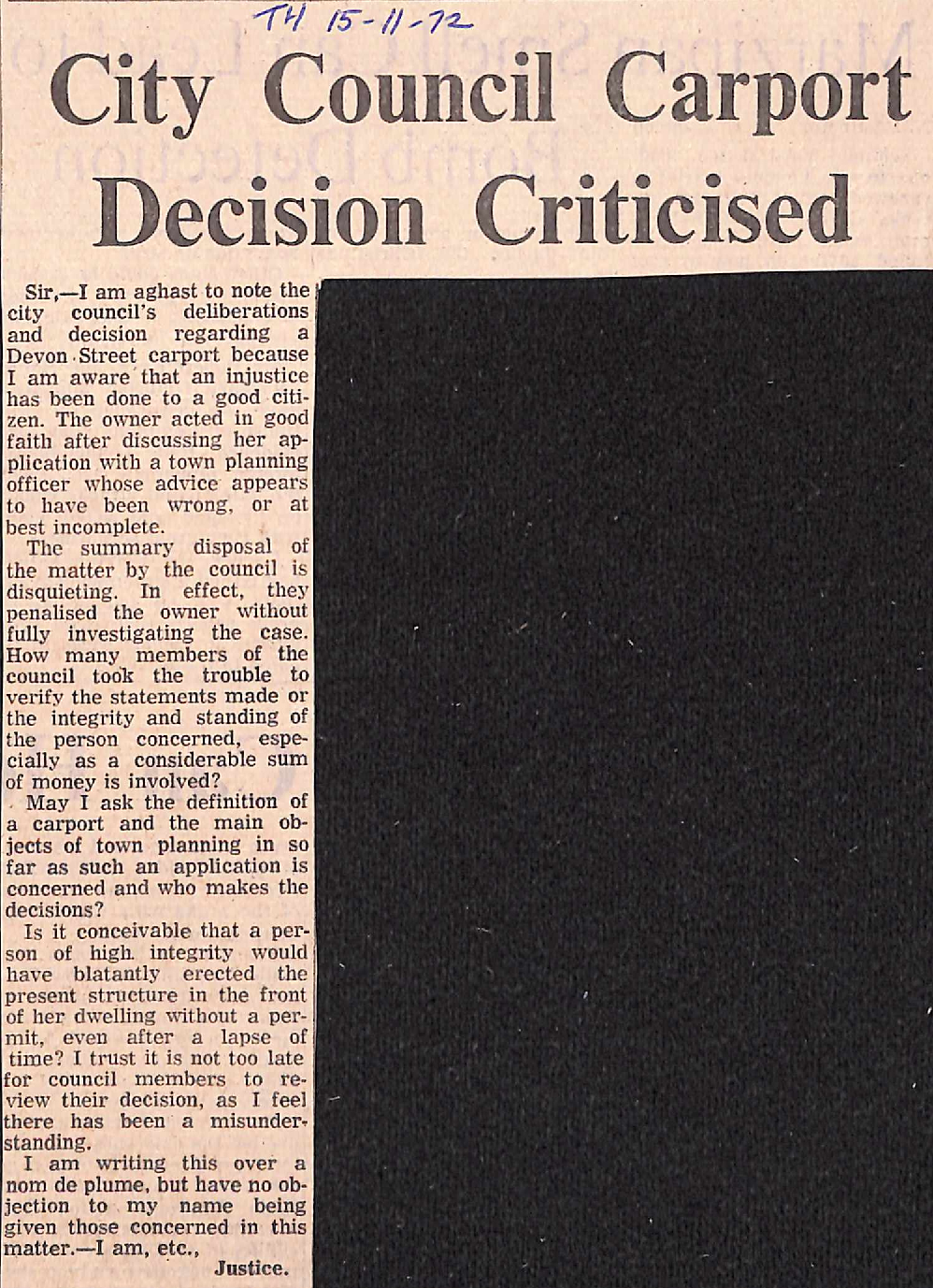 Letter to the editor: City Council Carport Decision Criticised