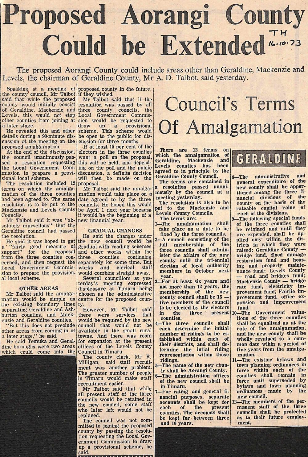 Proposed Aorangi County Could be Extended / Council's Terms Of Amalgamation