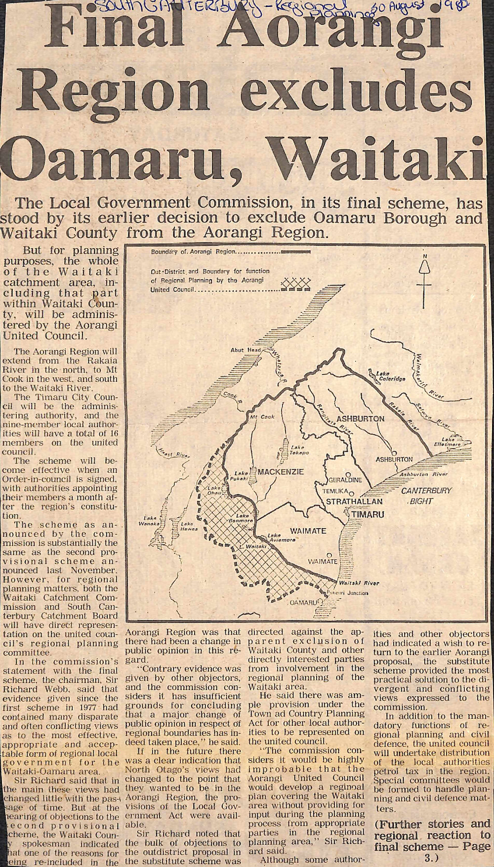 Final Aorangi Region excludes Oamaru, Waitaki