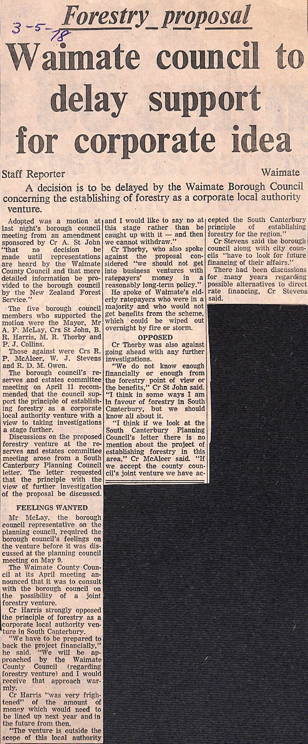 Forestry proposal: Waimate council to delay support for corporate idea