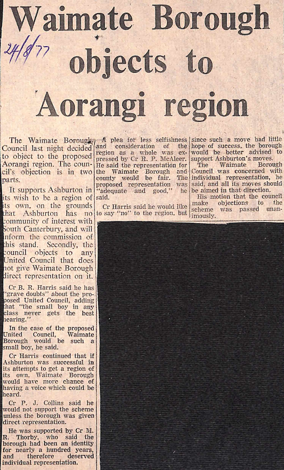 Waimate Borough objects to Aorangi region