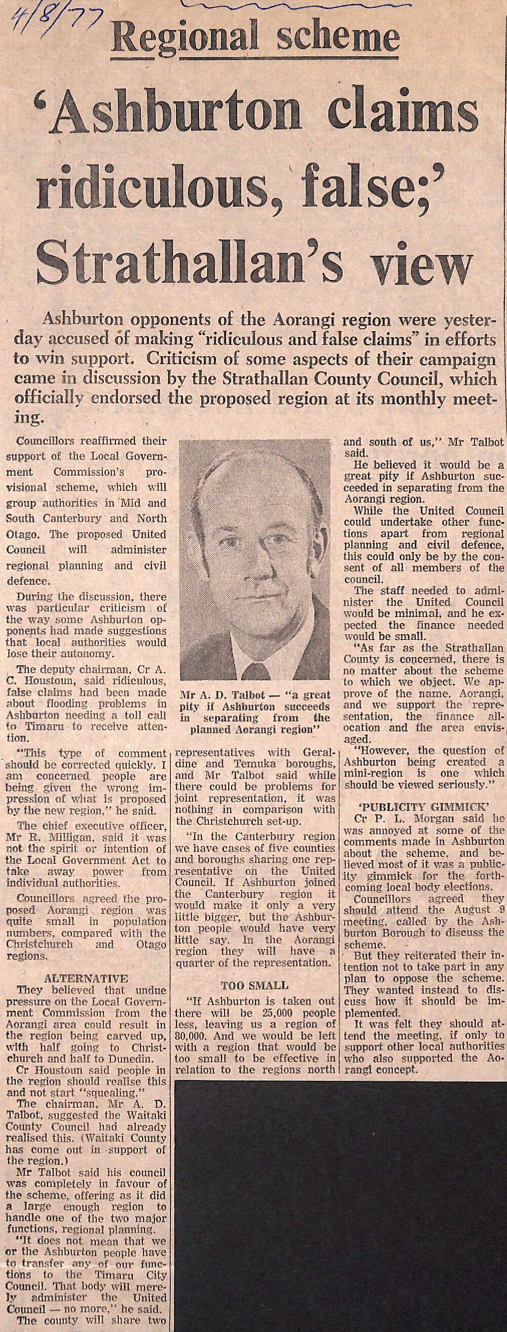 Regional scheme: 'Ashburton claims ridiculous, false;' Strathallan's view
