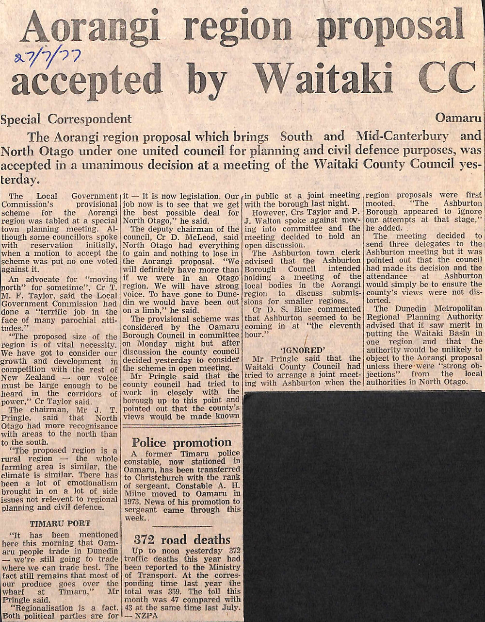 Aorangi region proposal accepted by Waitaki CC