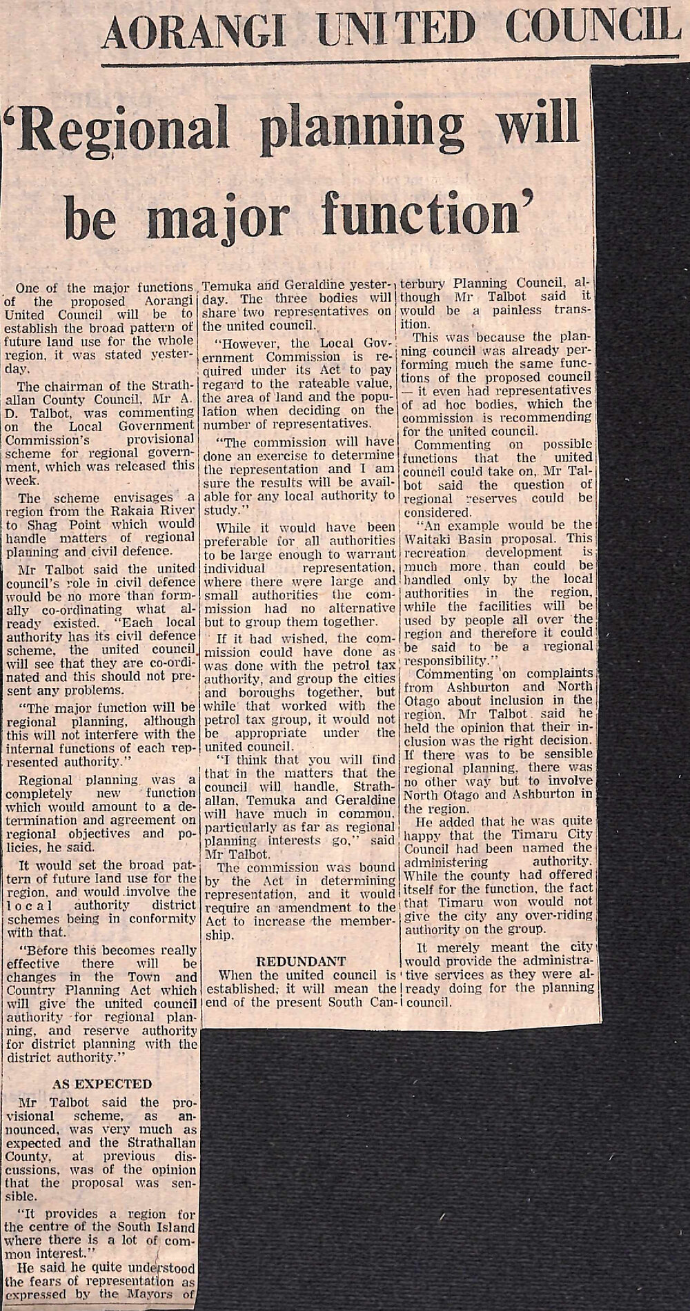 Aorangi united council: 'Regional planning will be major function'