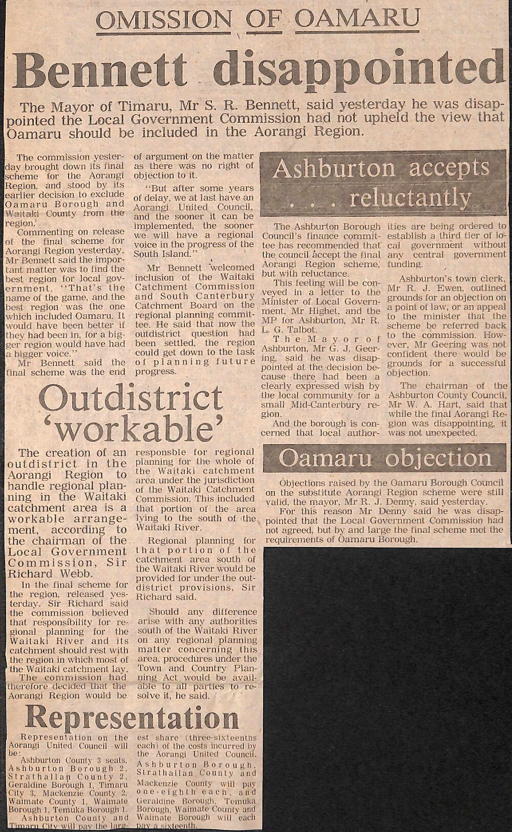 Omission of Oamaru: Bennett disappointed / Outdistrict 'workable' / Representation