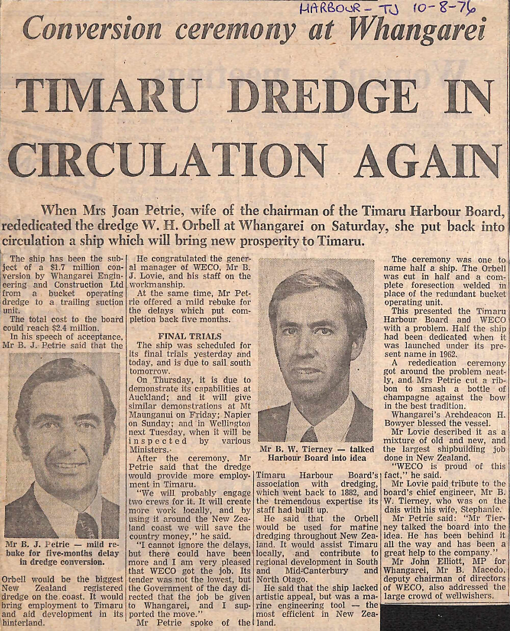 Conversion ceremony at Whangarei: Timaru dredge in circulation again