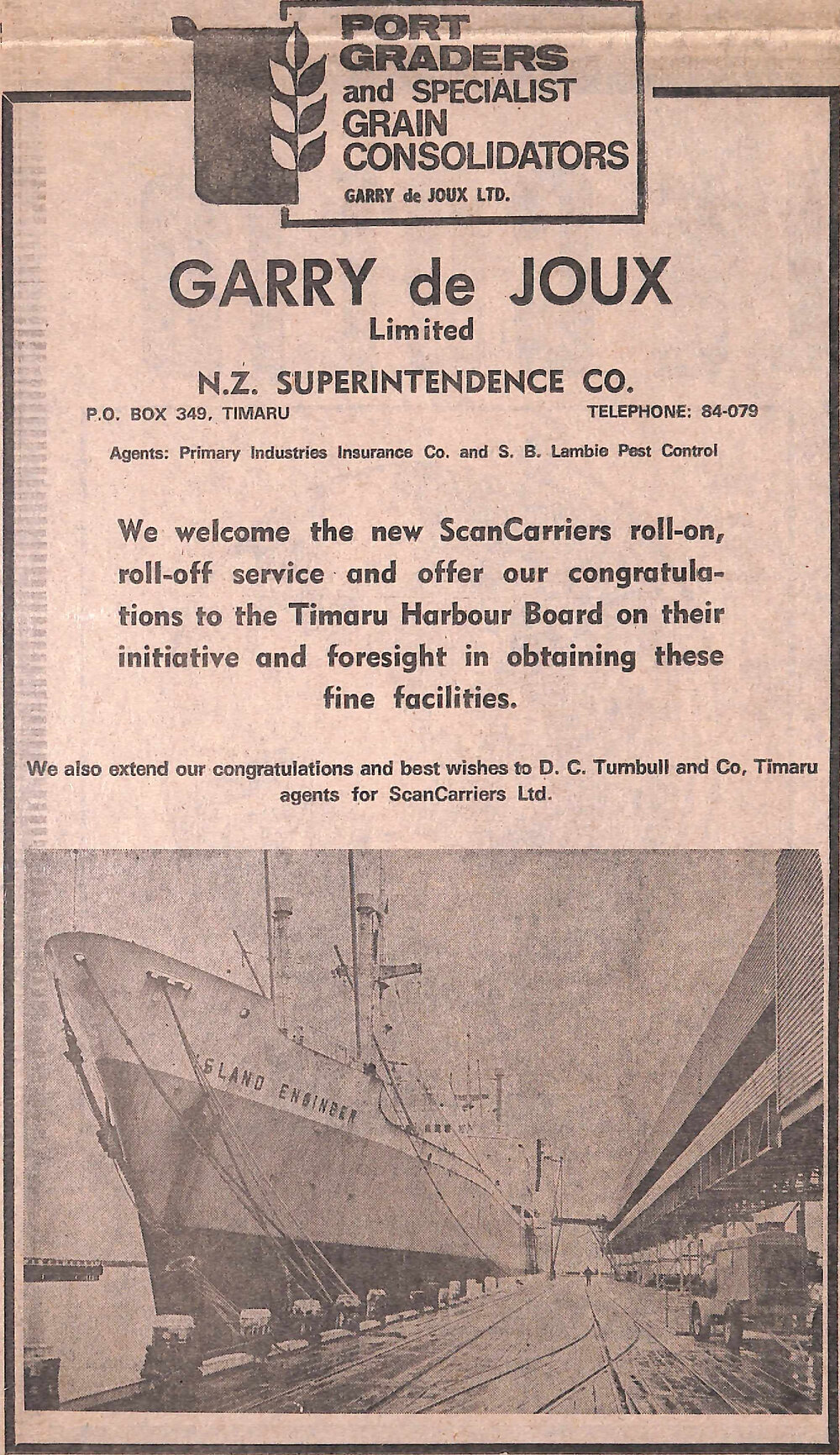 Garry de Joux Ltd advertisement congratulating the Timaru Harbour Board for the new ScanCarrier service