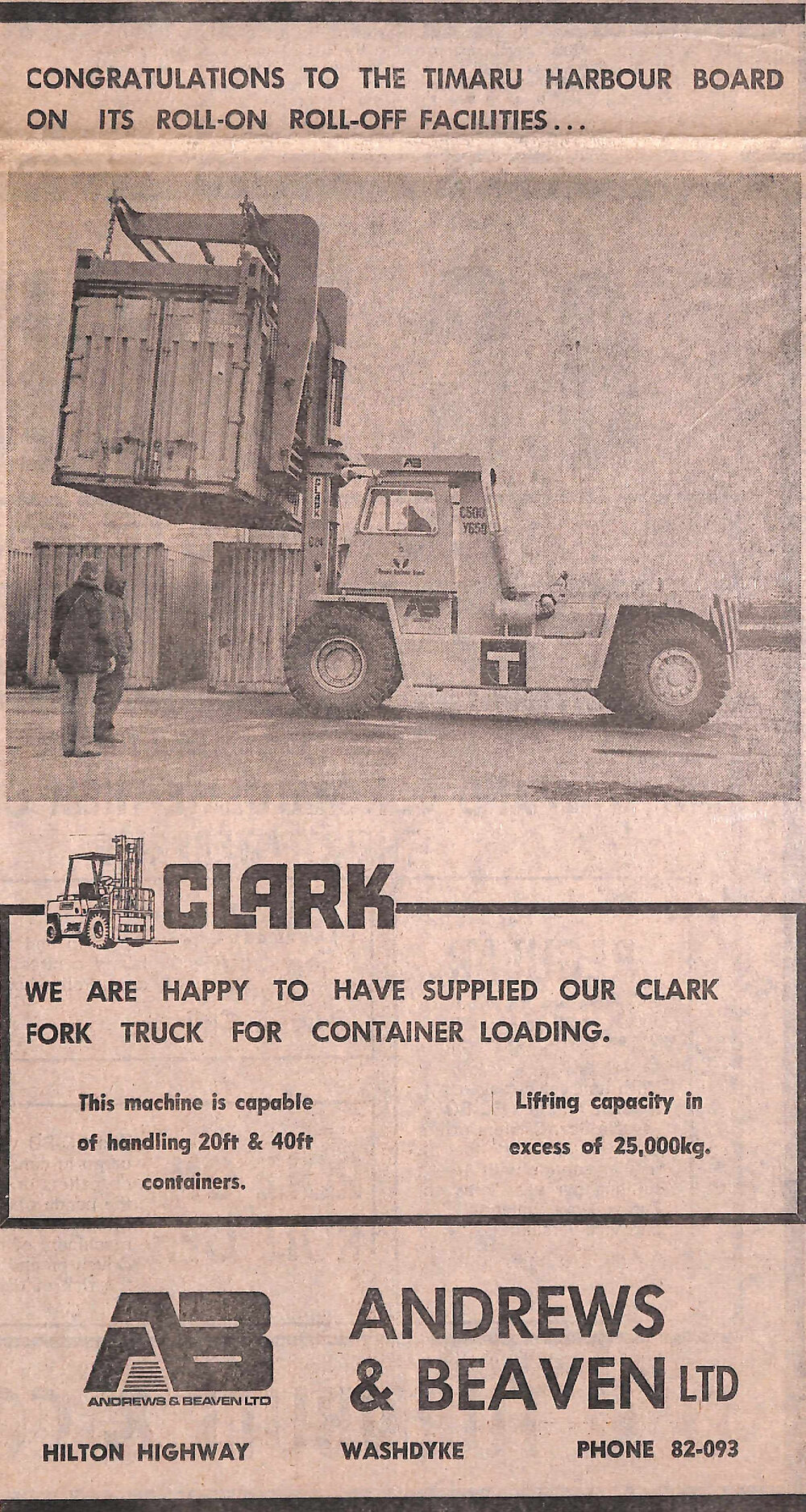 Andrews &amp; Beavan Ltd advertisement congratulating the Timaru Harbour Board for the new ScanCarrier service