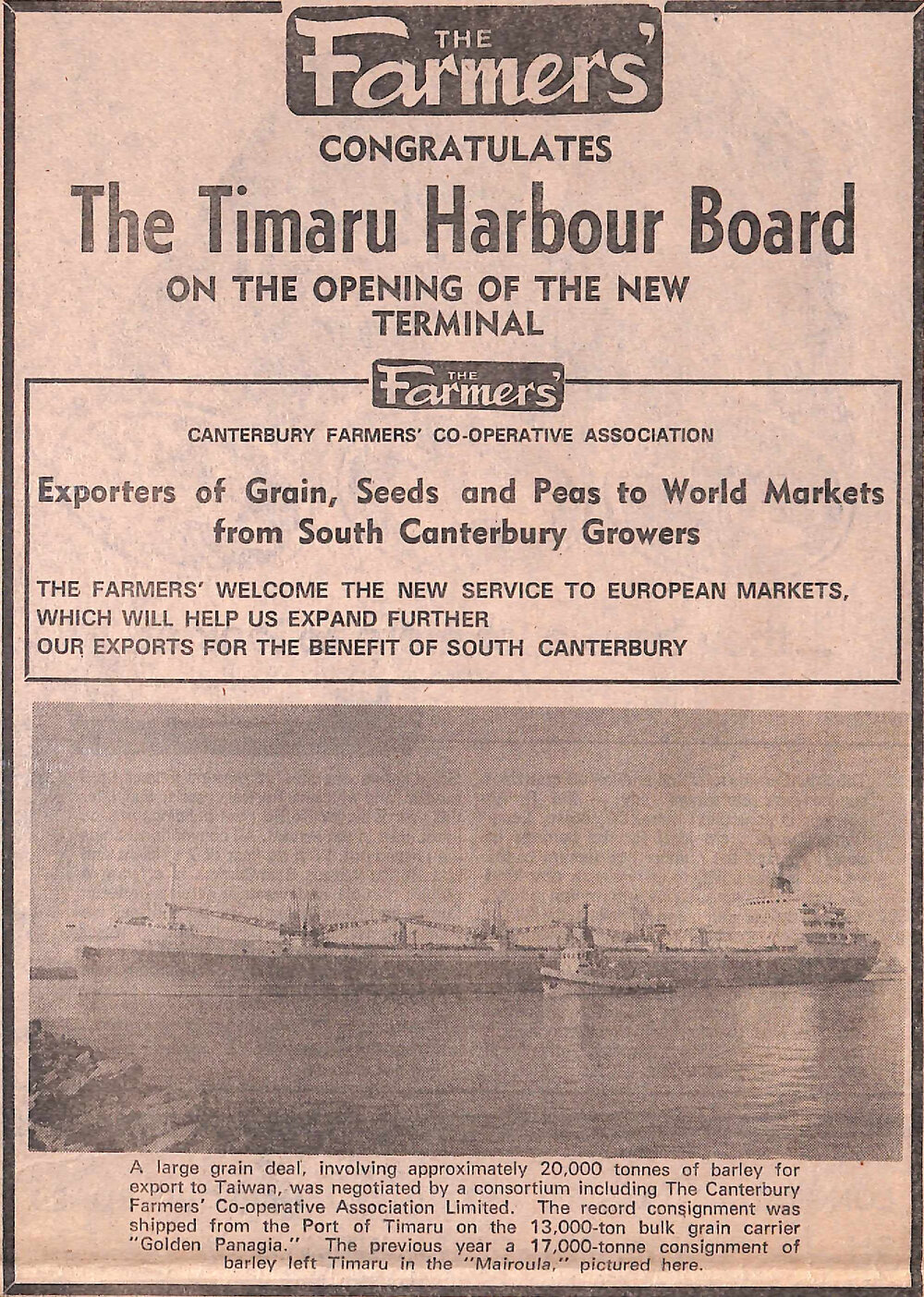 The Farmers' advertisement congratulating the Timaru Harbour Board on the opening of the new terminal
