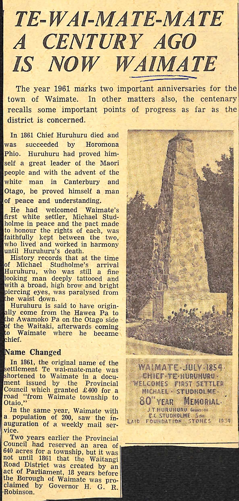 Te Wai-mate-mate A Century Ago Is Now Waimate