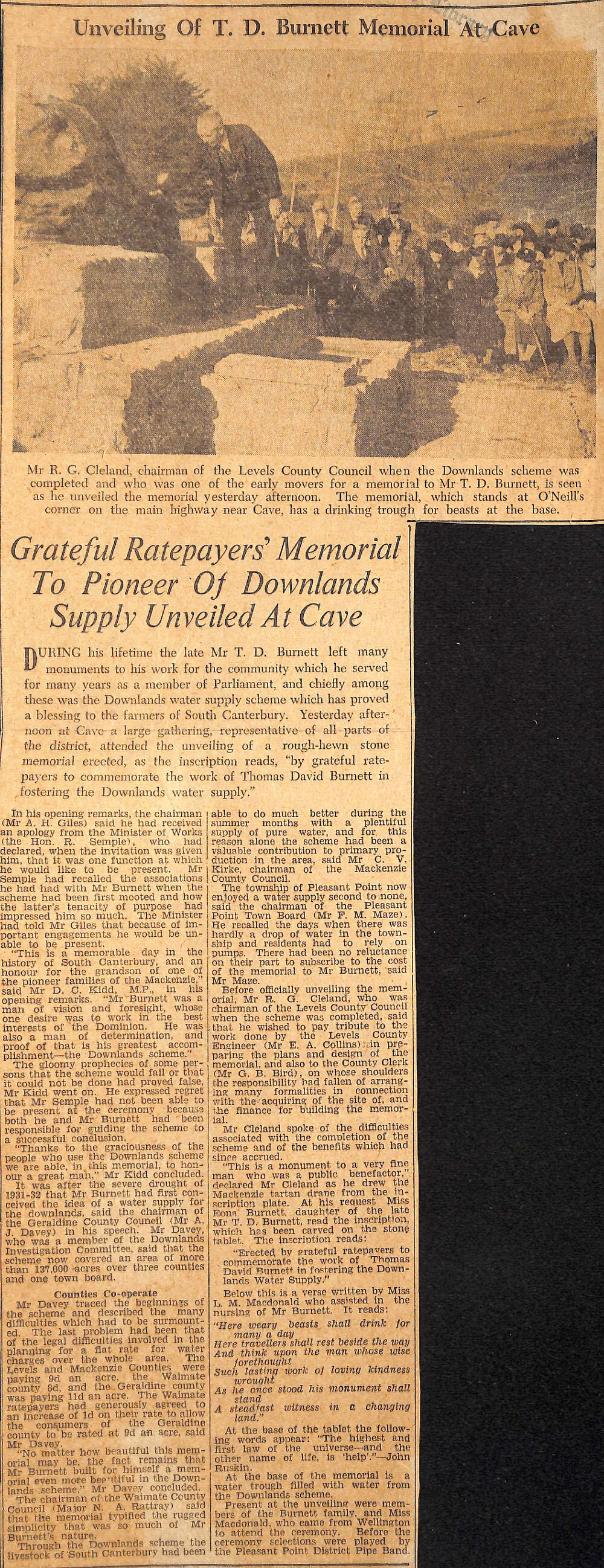 Unveiling of T D Burnett Memorial At Cave