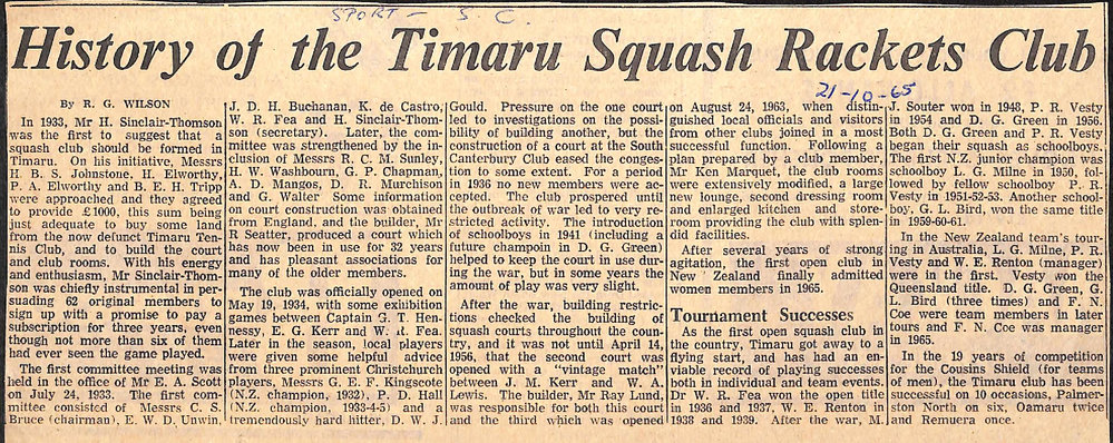 History of the Timaru Squash Rackets Club