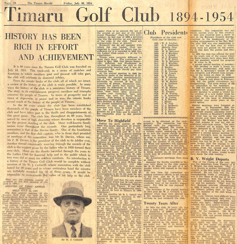 Timaru Golf Club 1894-1954: History Has Been Rich In Effort And Achievement /Club Presidents