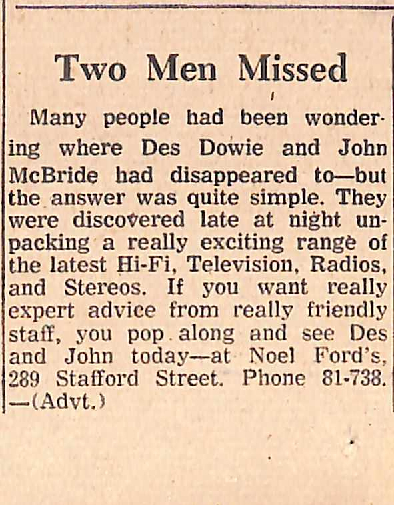 Two Men Missed- Noel Ford's, Timaru advertisement