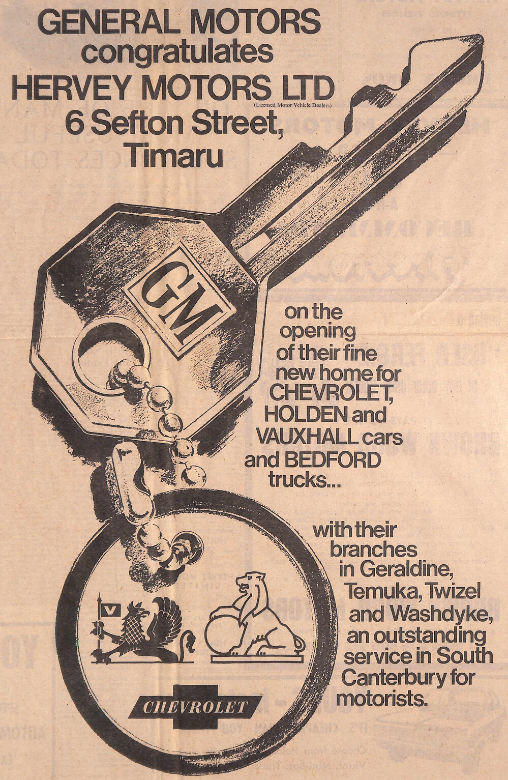 General Motors congratulates Hervey Motors Ltd, Timaru- advertisement