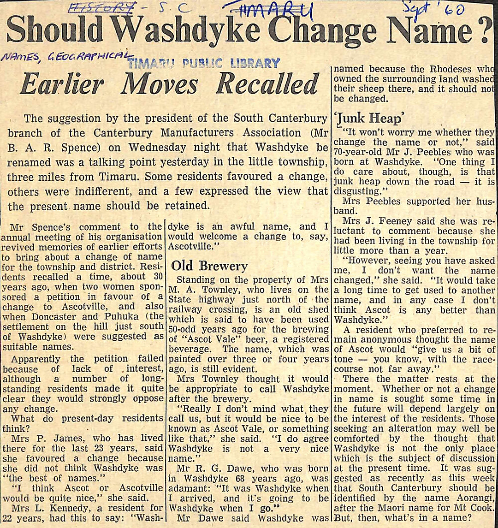 Should Washdyke Change Name? Earlier Moves Recalled