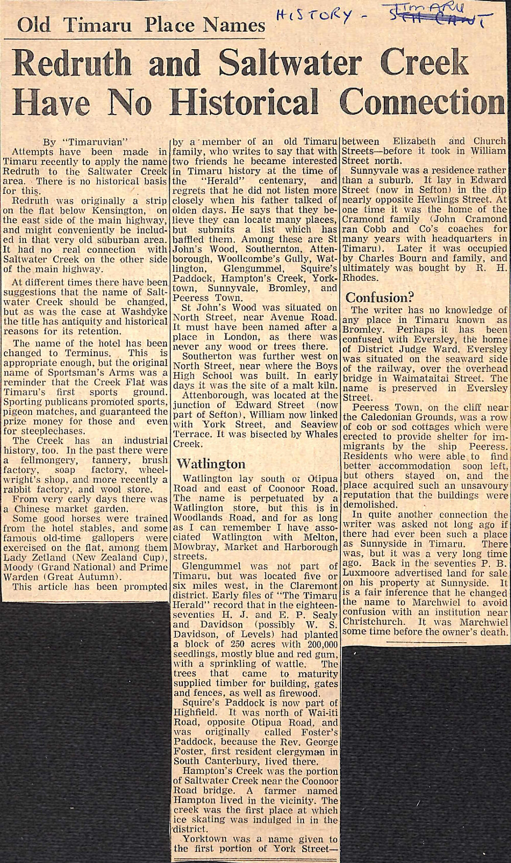 Old Timaru Place Names: Redruth and Saltwater Creek Have No Historical Connection