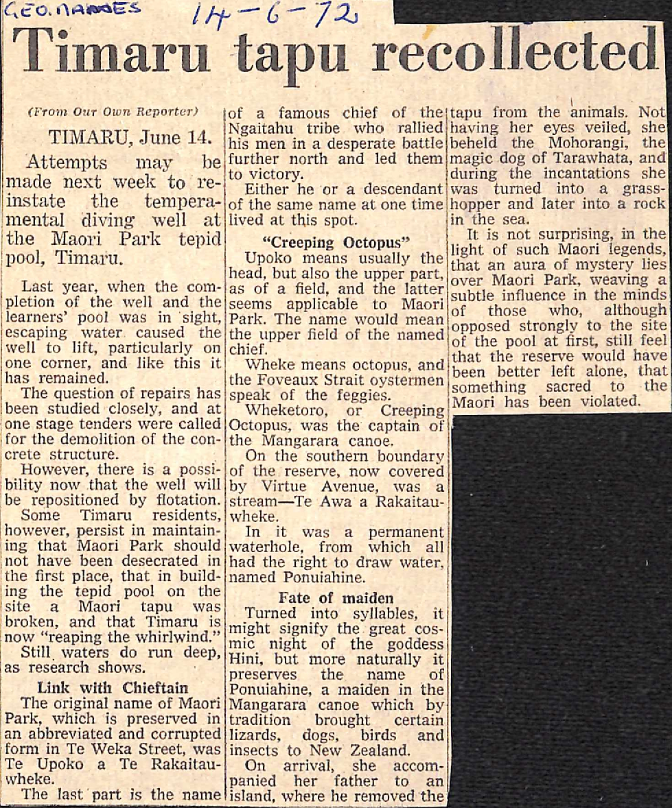 Timaru tapu recollected