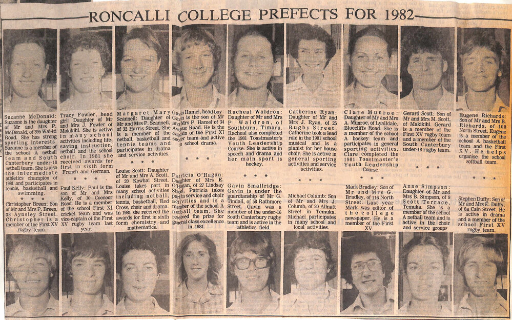 Roncalli College prefects for 1982