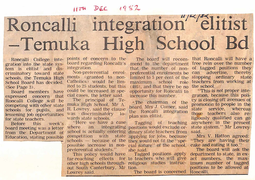 Roncalli integration elitist - Temuka High School Bd
