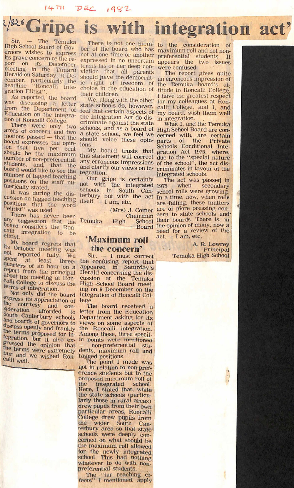 Letters to the editor: 'Gripe is with integration act'