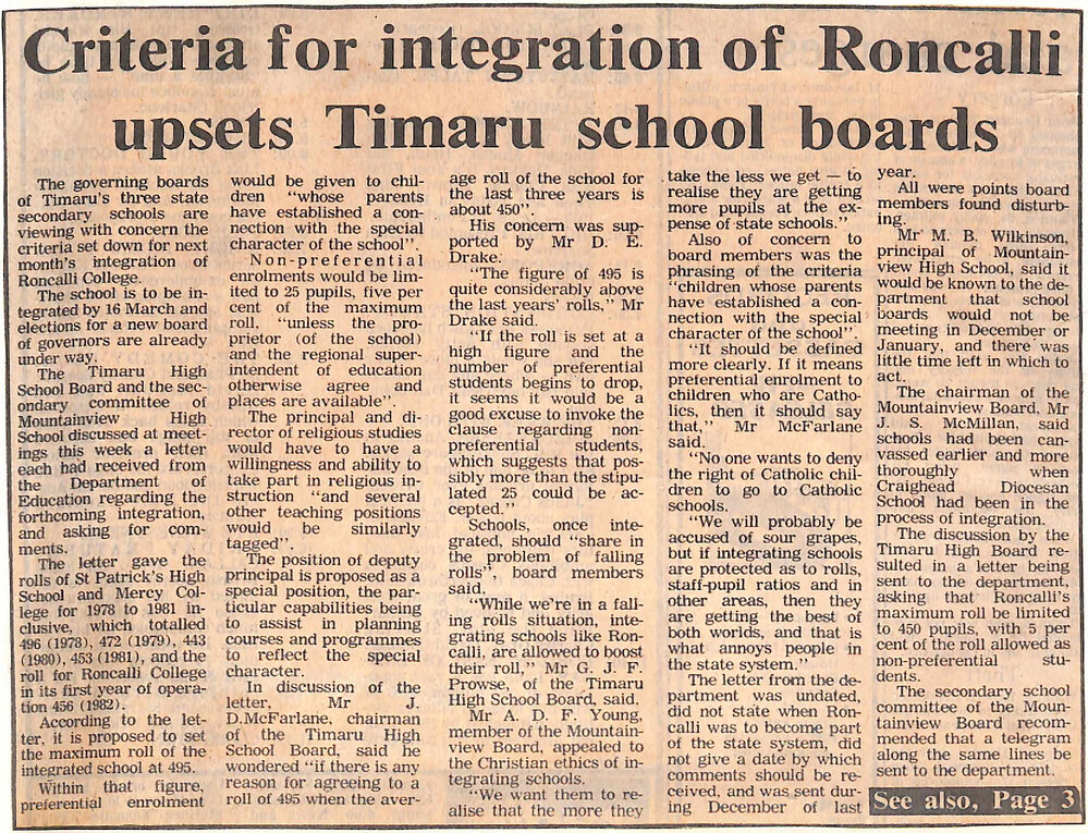 Criteria for integration of Roncalli upsets Timaru school boards