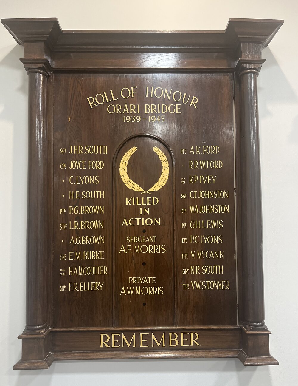 Orari Bridge Roll of Honour board