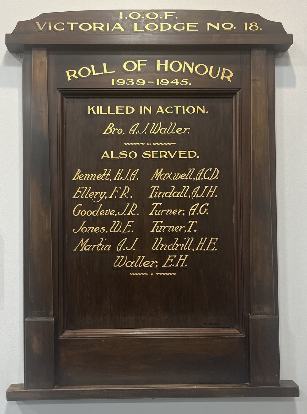 Victoria Lodge Roll of Honour board