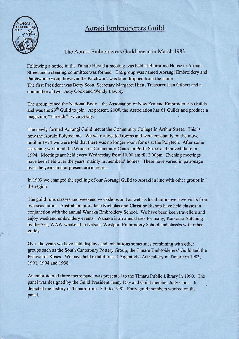 Aoraki Embroiders Guild brief history