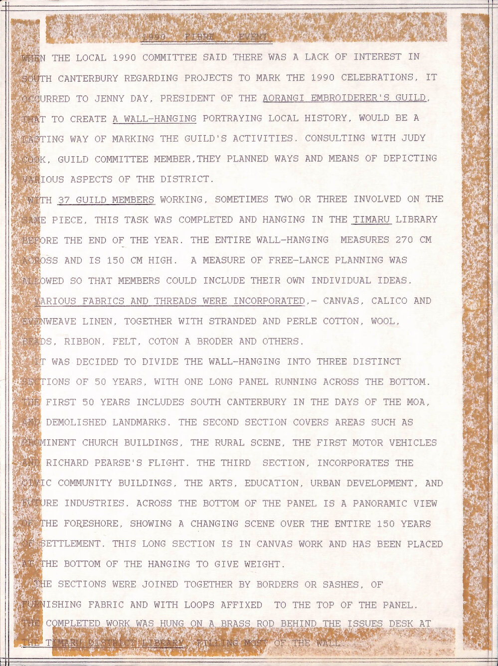 Information panel re Aorangi Embroiderers Guild 1990 wall hanging project