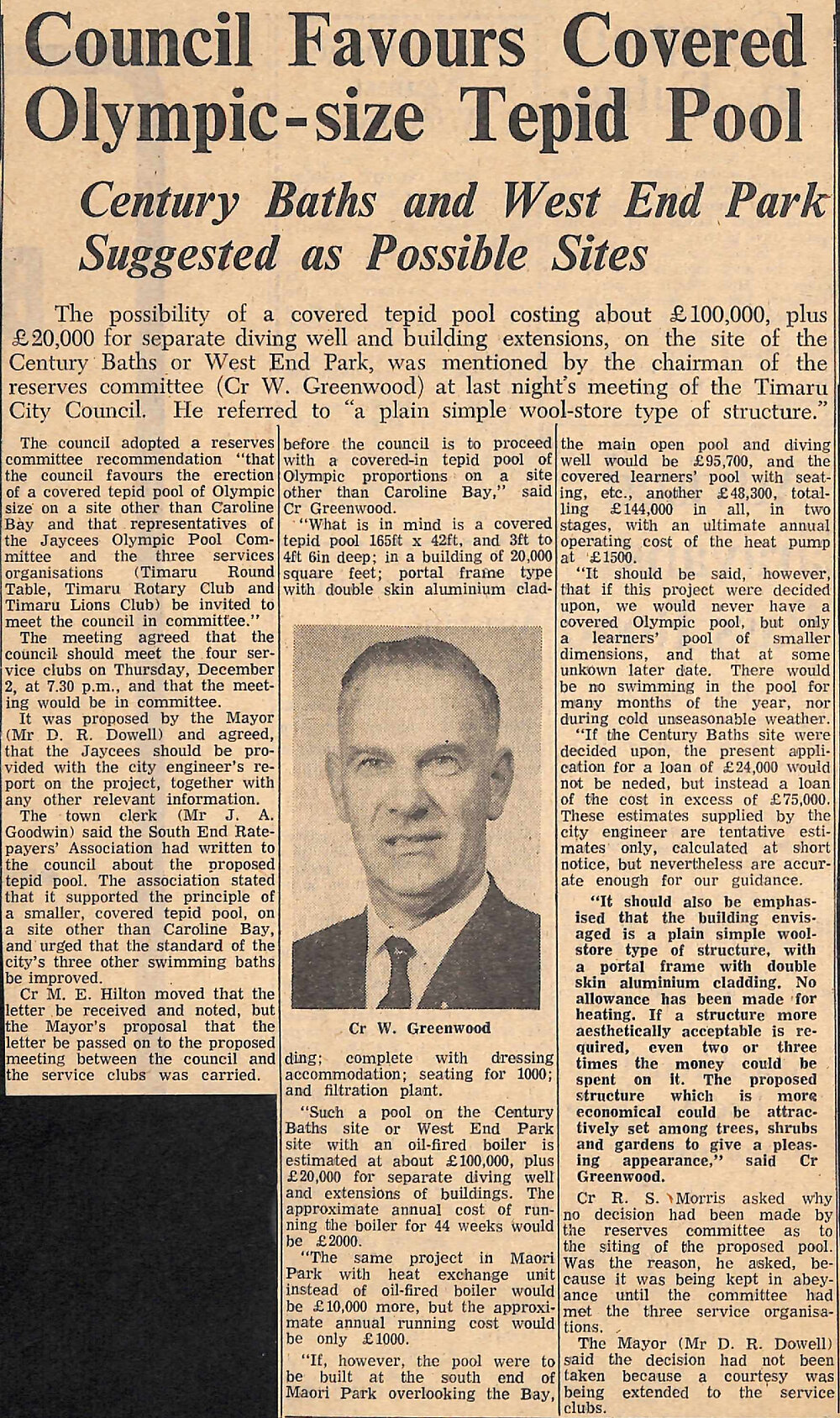 Council Favours Covered Olympic-size Tepid Pool, Century Baths and West End Park Suggested as Possible Sites