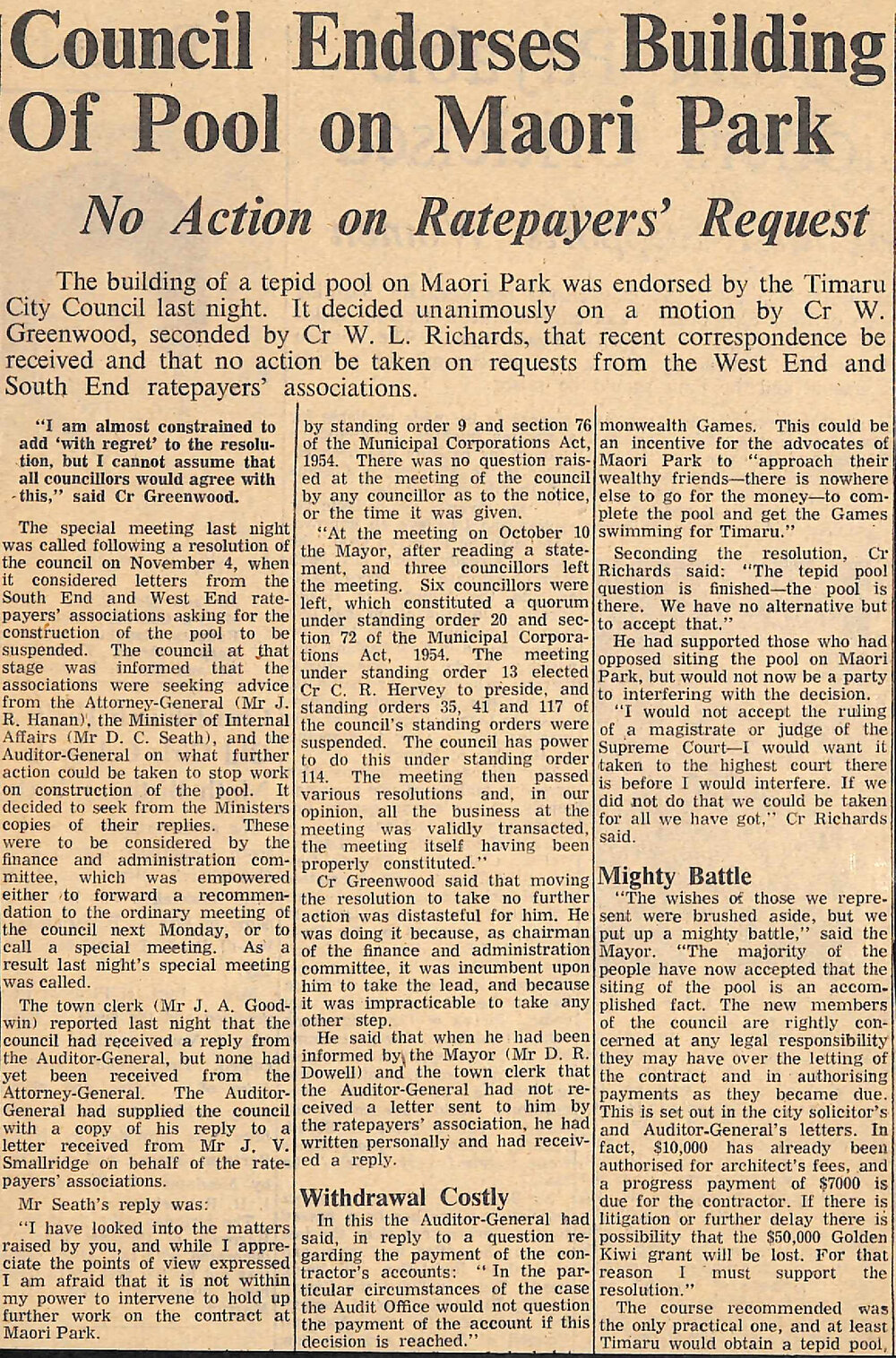 Council Endorses Building Of Pool on Maori Park, No Action on Ratepayers' Request