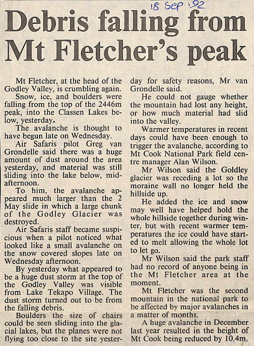 Debris falling from Mt Fletcher's peak