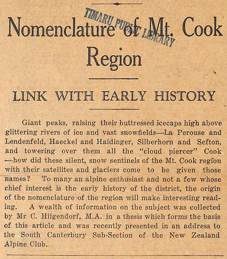 How the Peaks Were Named: Nomenclature of Mt Cook Region, Link With Early History