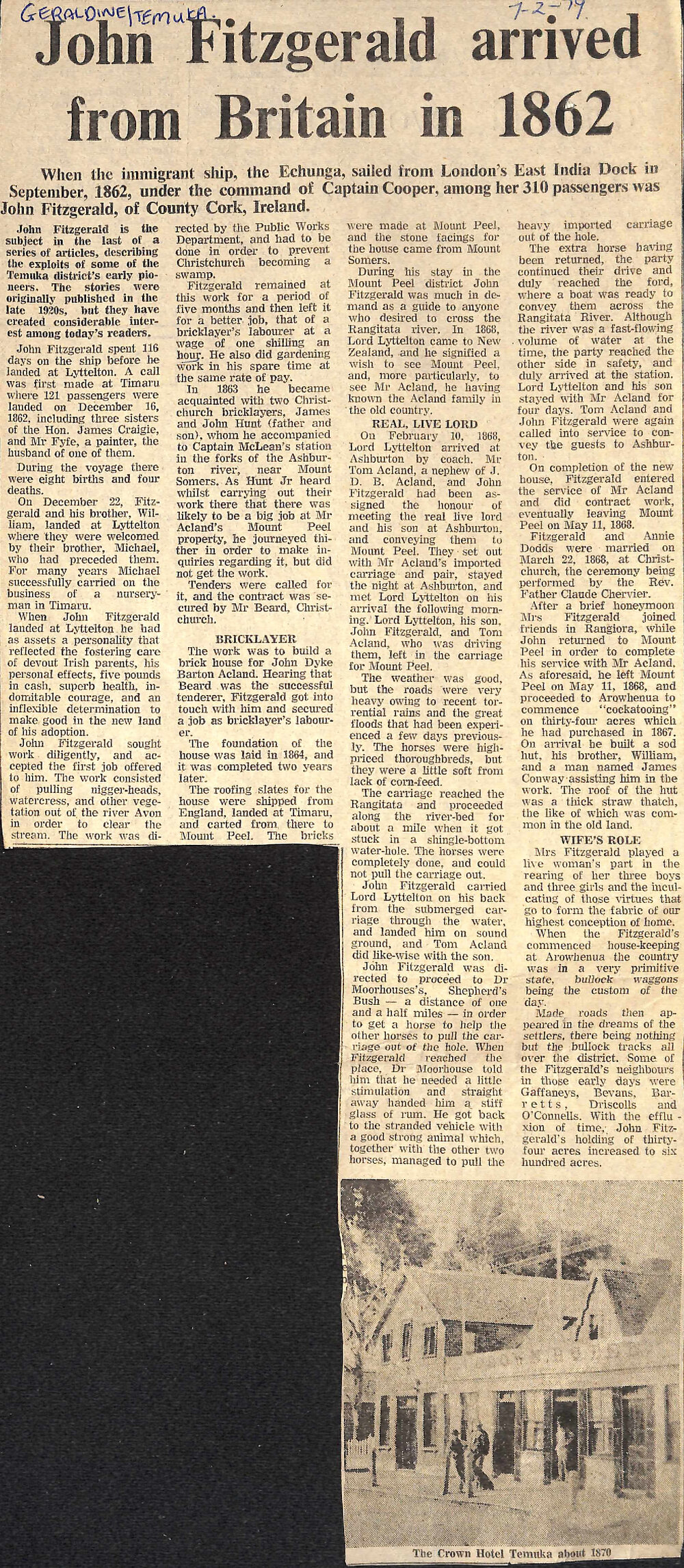 John Fitzgerald arrived from Britain in 1862