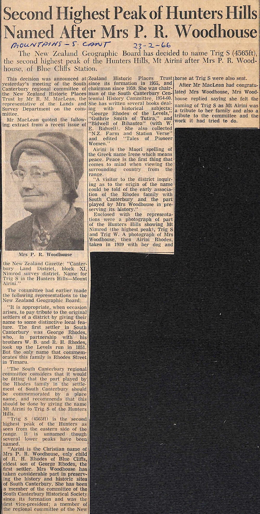 Second Highest Peak of Hunters Hills Named After Mrs P R Woodhouse