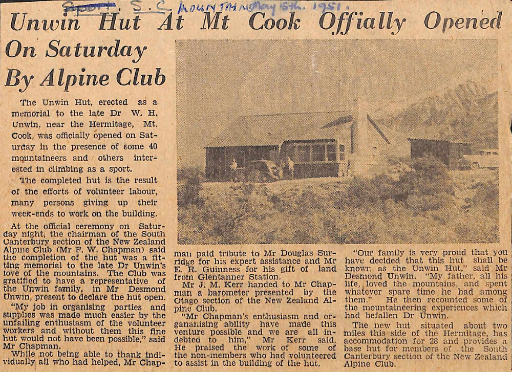Unwin Hut At Mt Cook Officially Opened On Saturday By Alpine Club