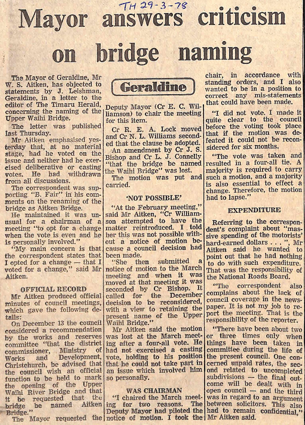 Geraldine: Mayor answers criticism on bridge naming