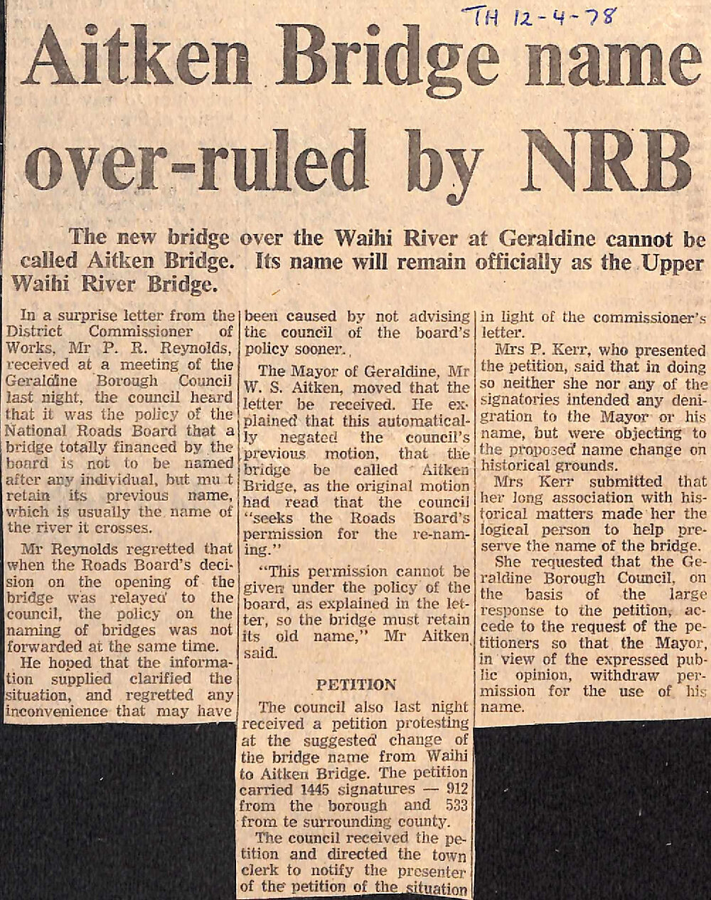 Aitken Bridge name over-ruled by NRB
