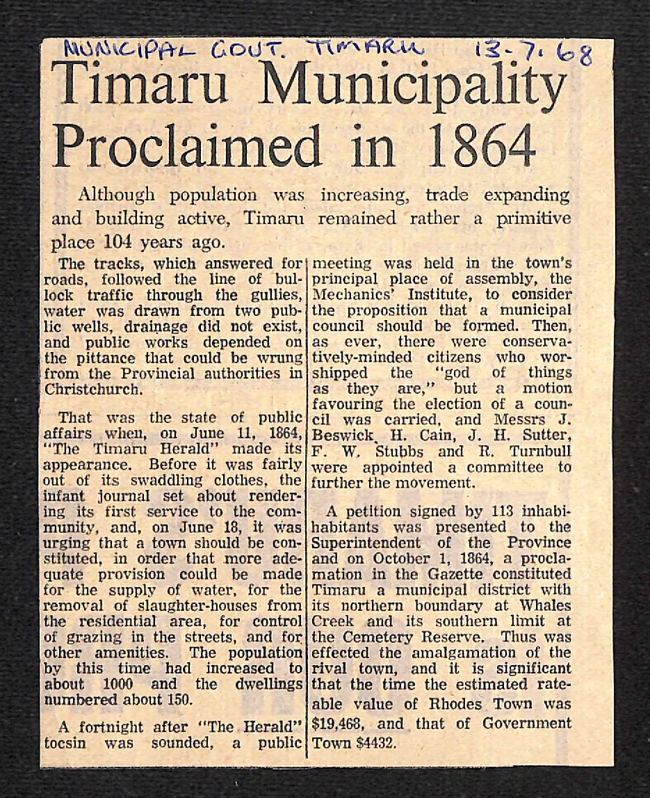 Timaru Municipality Proclaimed in 1864