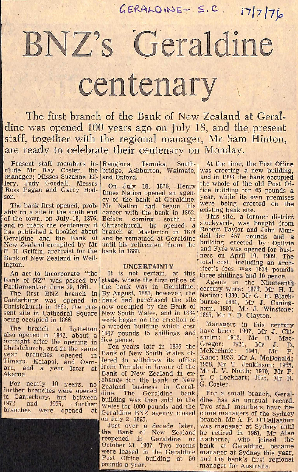 BNZ's Geraldine centenary