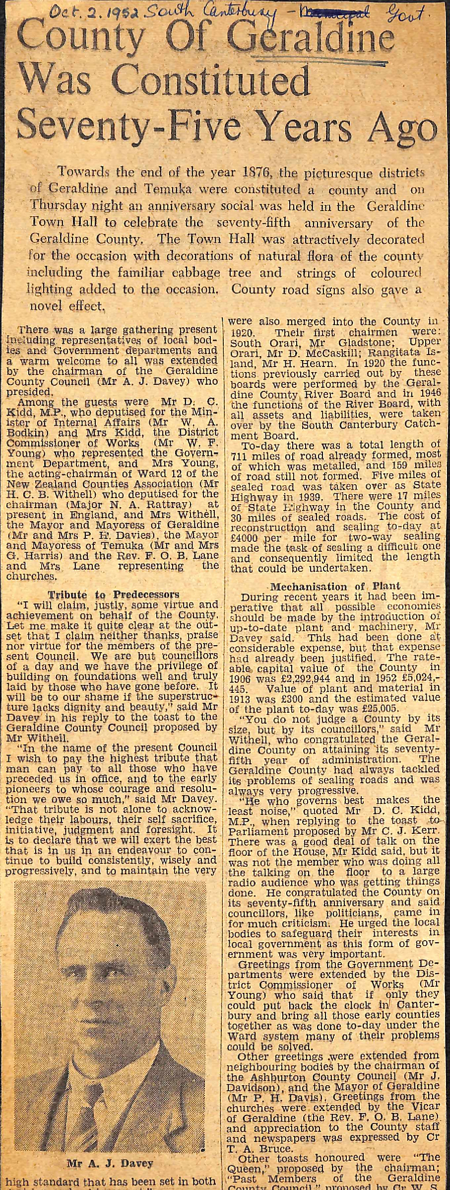 County of Geraldine Was Constituted Seventy-Five Years Ago