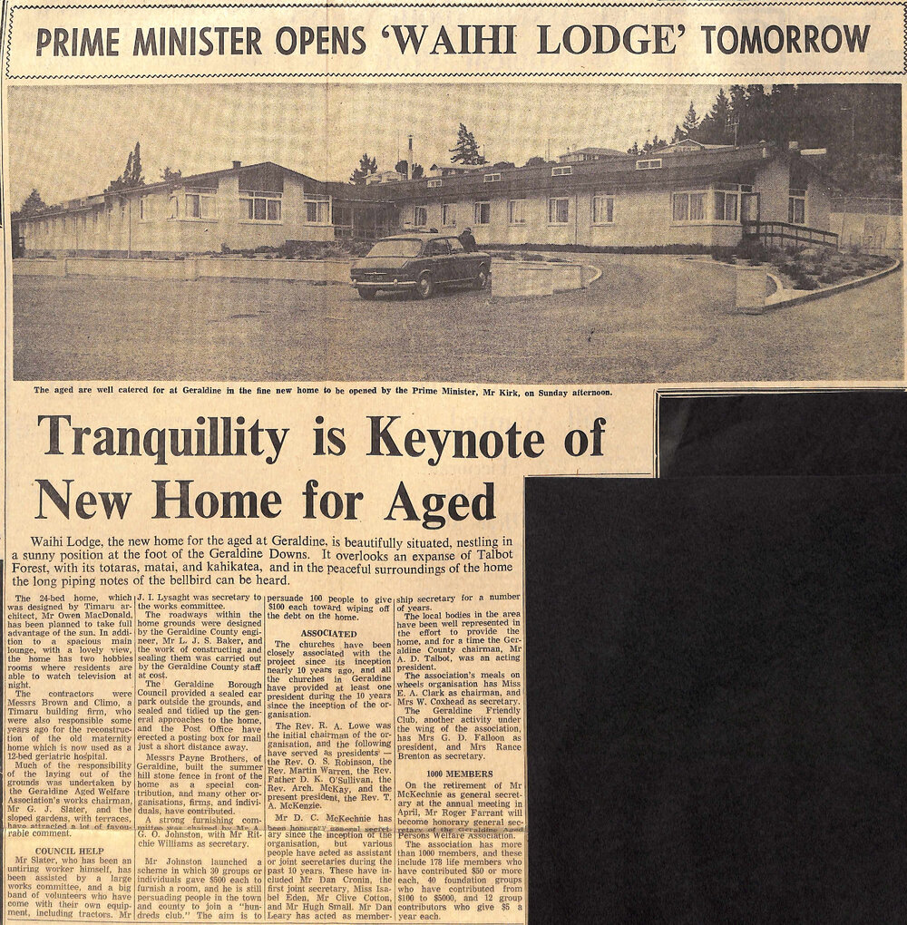 Prime Minister Opens 'Waihi Lodge' Tomorrow / Tranquillity is Keynote of New Home for Aged / First Step 10 Years Ago