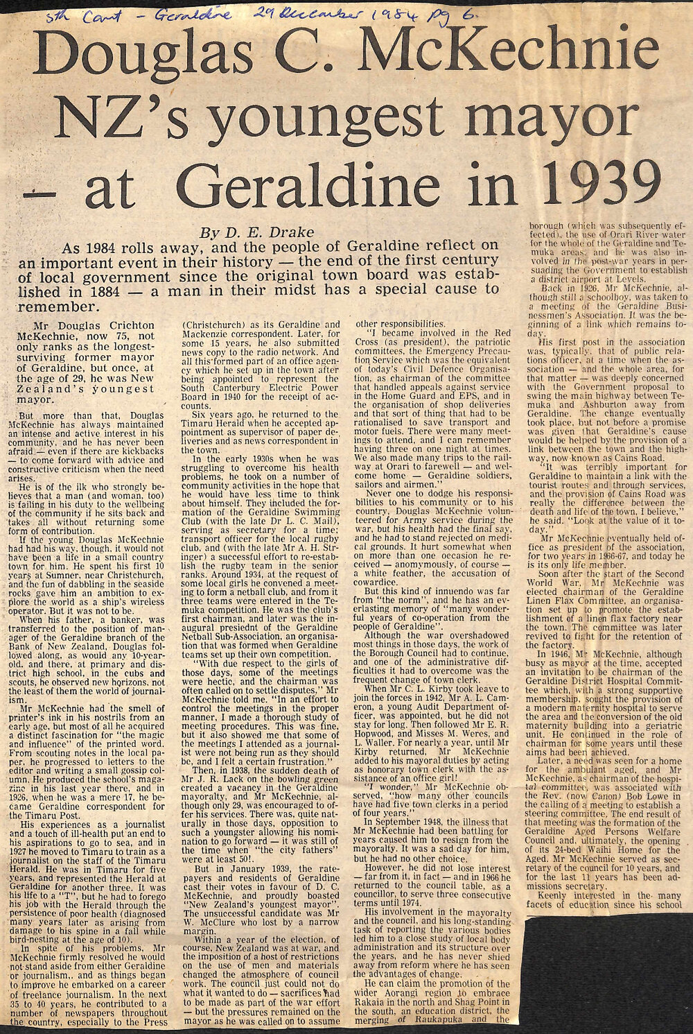 Douglas C McKechnie NZ's youngest mayor - at Geraldine in 1939