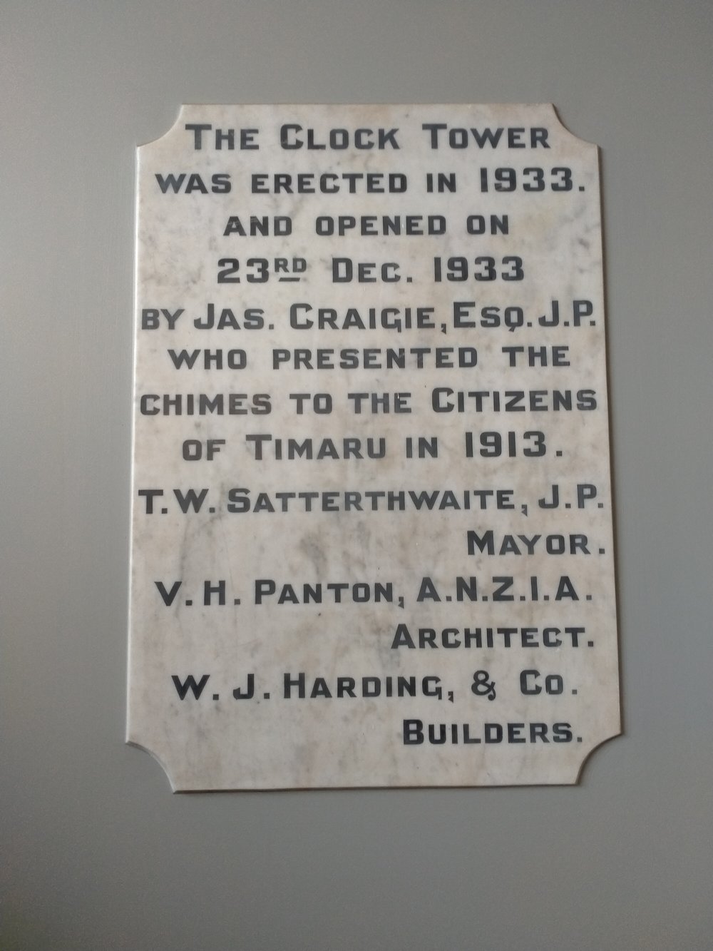 Clock tower plaque on Timaru District Council building